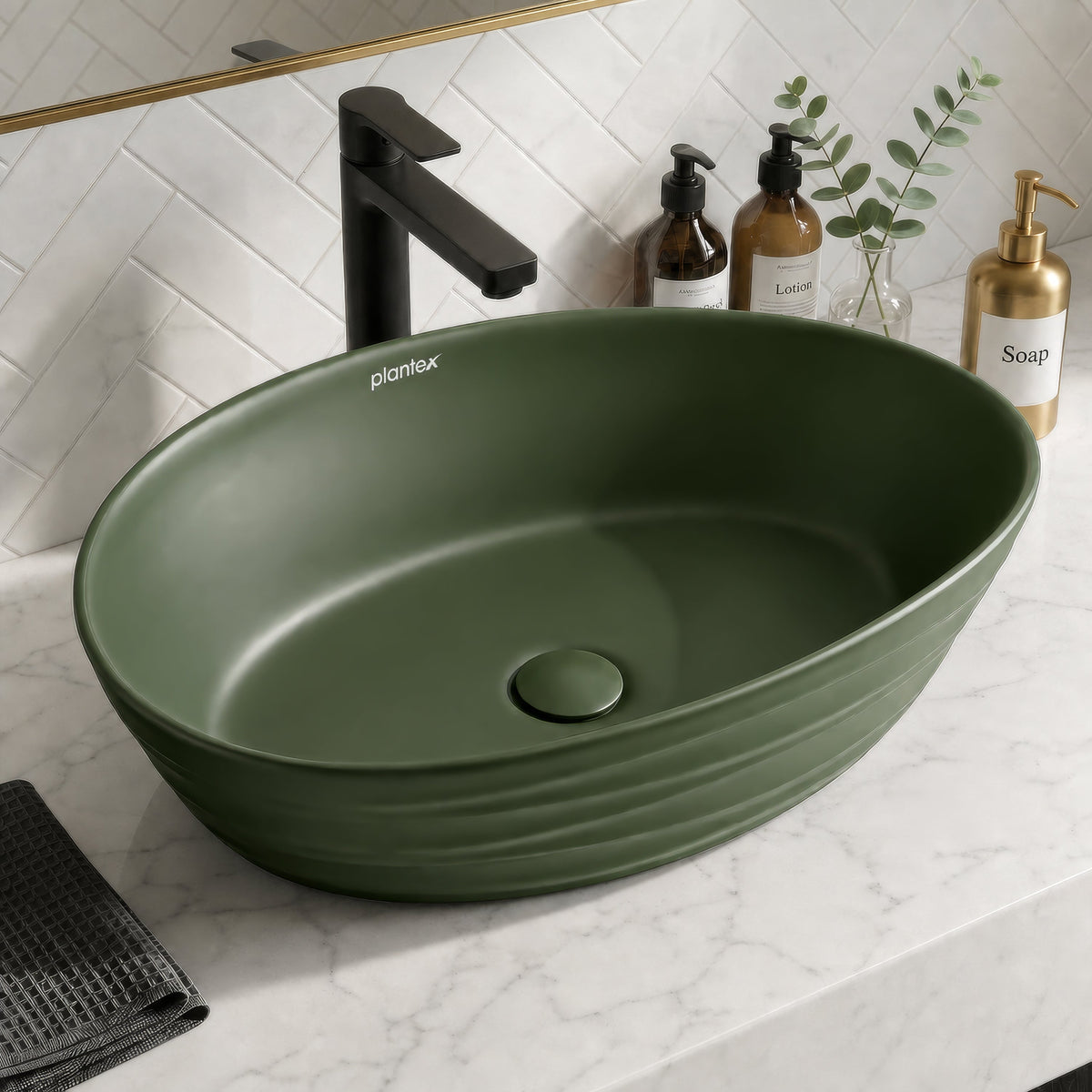 Plantex Designer Ceramic Basin/Table Top Wash Basin for Bathroom/Countertop Vessel Sink Basin for Home/Office/Restaurant (Green, 22 x 14 x 7 Inch)