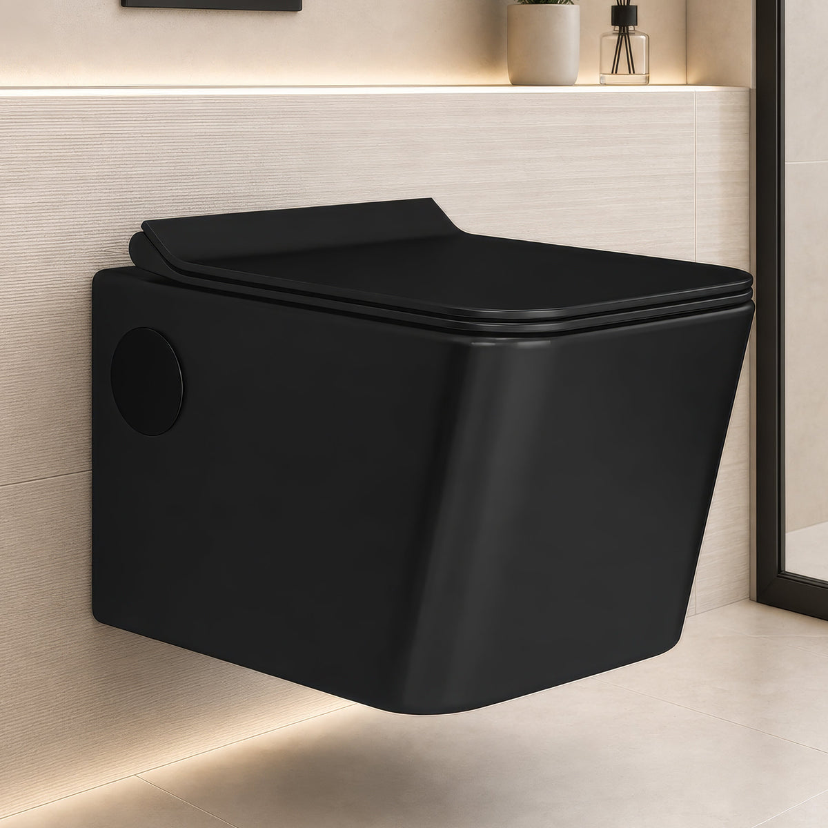 Plantex Platinum Ceramic Rim Wall Hung Western Toilet/P Trap Western Commode with Soft Close Seat Cover/Commode with Washdown Flush - (Black-M)