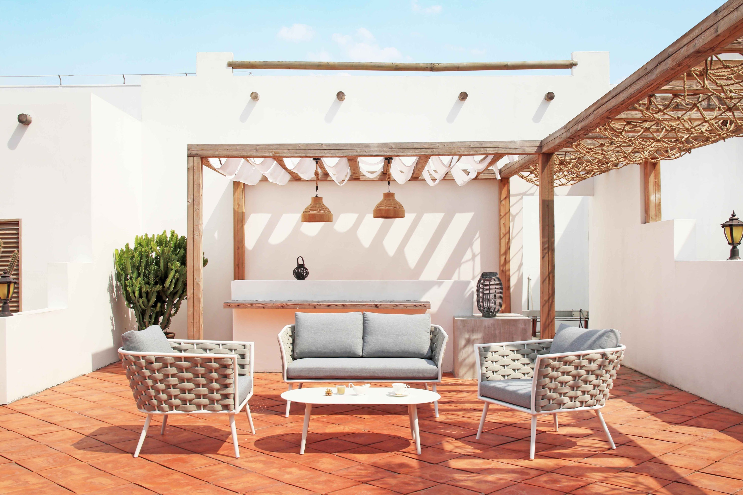Pozen Outdoor Garden Balcony Sofa Set  2 Seater, 2 Single seater and 1 Center Table Set, Braid & Rope (White + Cream)