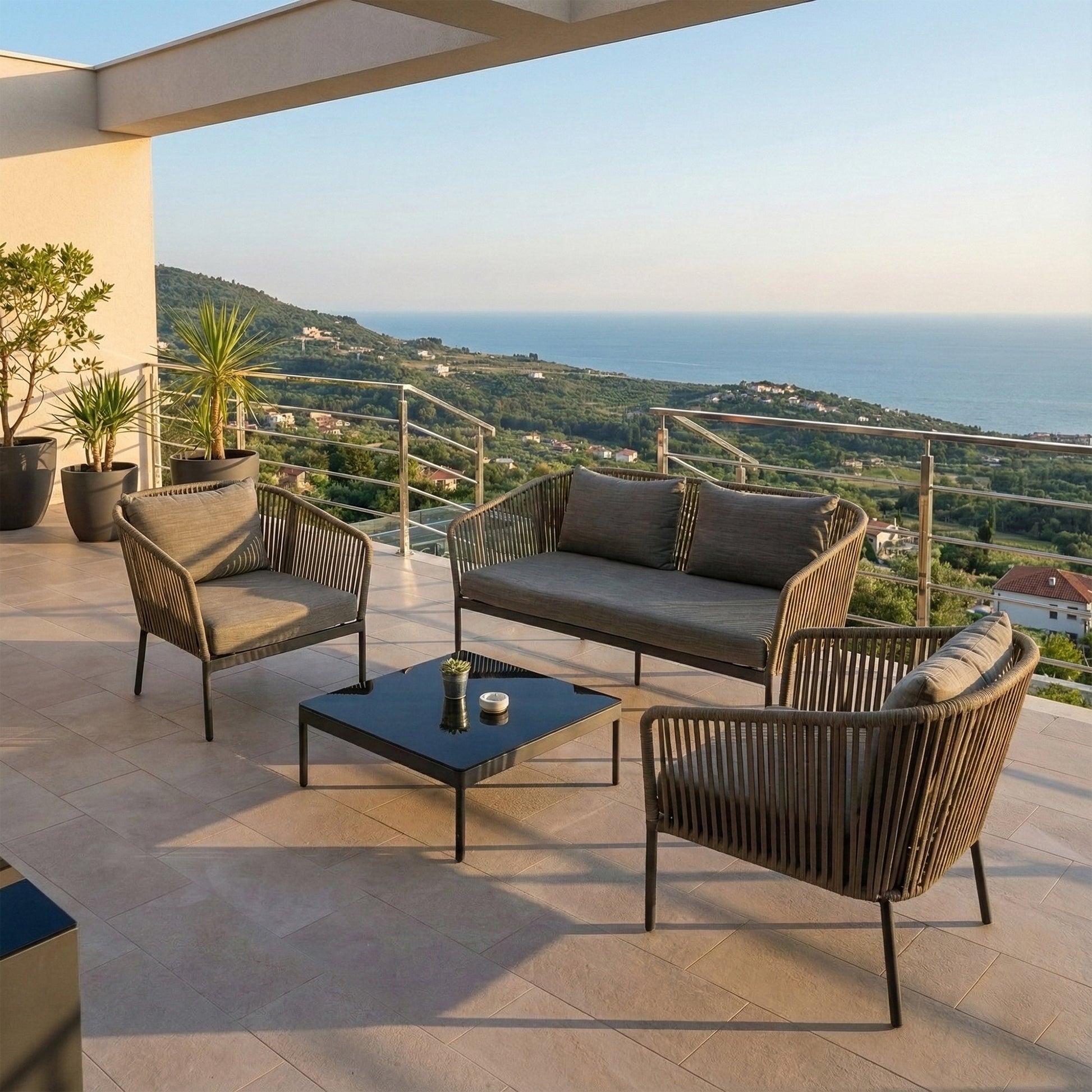 Athan Outdoor Garden Balcony Sofa Set 2 Seater , 2 Single Seater 1 Center Table Set (Dark Grey) Braided and Rope