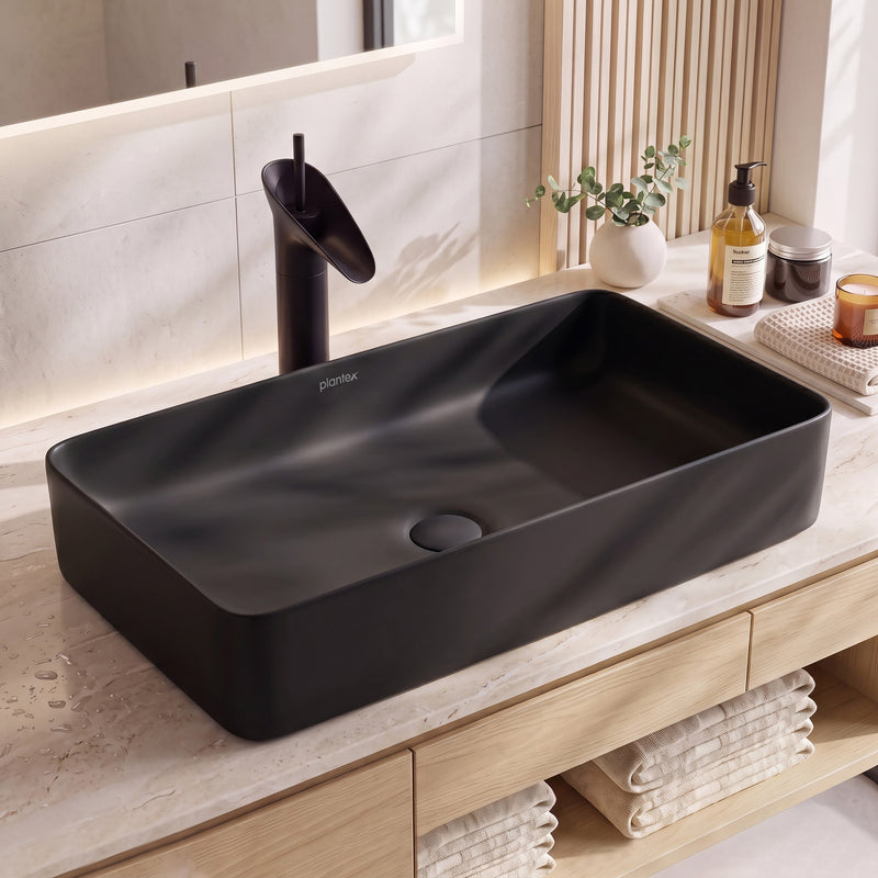 Plantex Ceramic Basin/Tabletop Wash Basin for Bathroom/Rectangle Over Counter Vessel Sink for Restaurant/Hotel (Matt Black, 24 x 14 x 4.5 Inch)-1