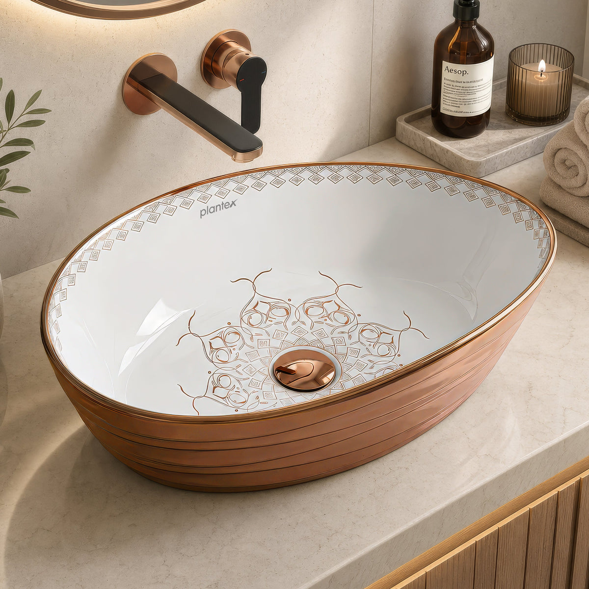 Plantex Designer Ceramic Basin/Table Top Wash Basin for Bathroom/Countertop Vessel Sink Basin for Home/Office/Restaurant (White & Rose Gold, 22 x 14 x 7 Inch)