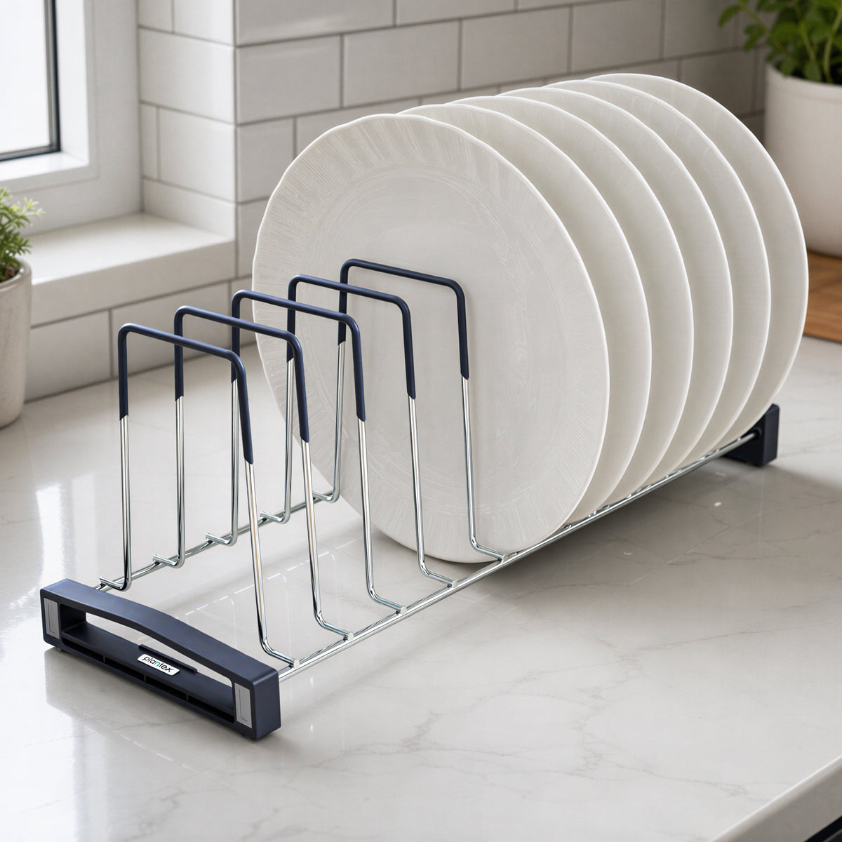 Plantex Sturdy Stainless Steel Plate Organizer for Kitchen/10 Plate Stand for Plateform/Rubber Gripped Thali Rack(Slot-10, Pack of 1, Size-10 Inches)