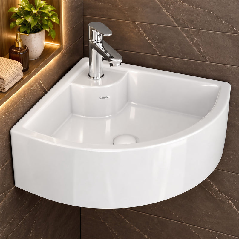Plantex White Ceramic Corner Washbasin/Wall Mount Basin for Bathroom/Wall Hung Wash Basin/Small Corner Sink/10 Years Glaze Warranty by Plantex (Cornia - 16 x 16 x 10 Inch)-1