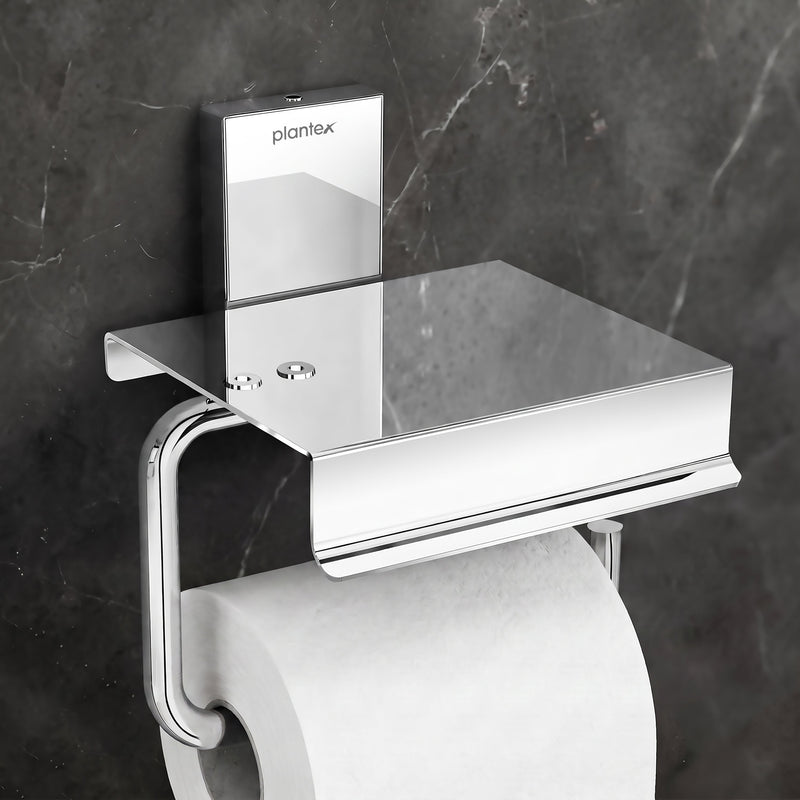 Plantex 304 Grade Stainless Steel Toilet Paper Holder with Mobile Phone Stand/Toilet Paper Roll Holder for Bathroom Accessories Crystal (Chrome)-1