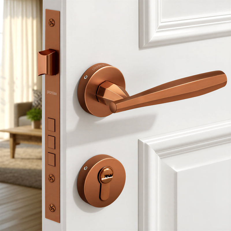 Plantex Door Handle Lock/Main Door Lock Set for Home/Mortise Lock Set with Brass Lock Body & Cylinder (7135, PVD-Choco)-1