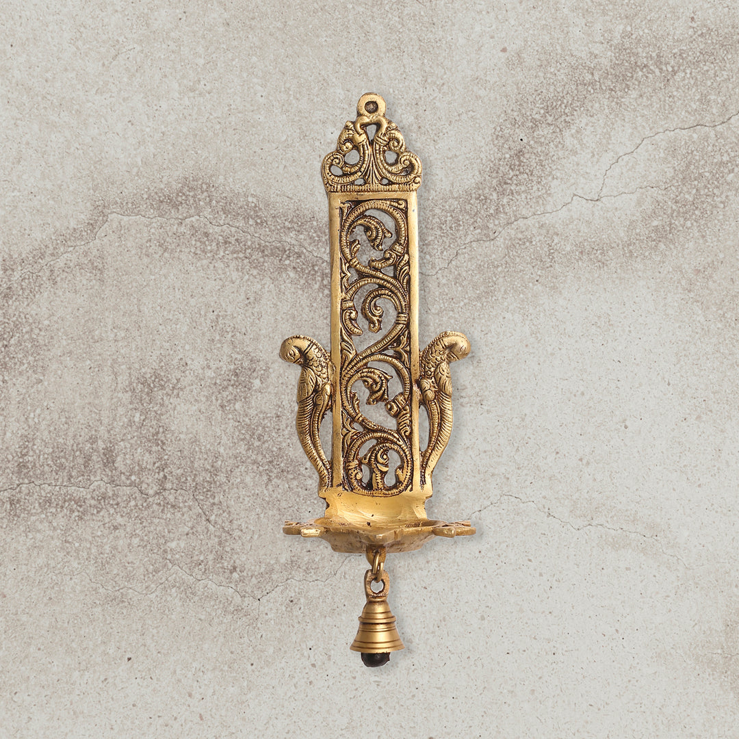 Brass Peacock Hanging Diya With Bell (13 Inch)