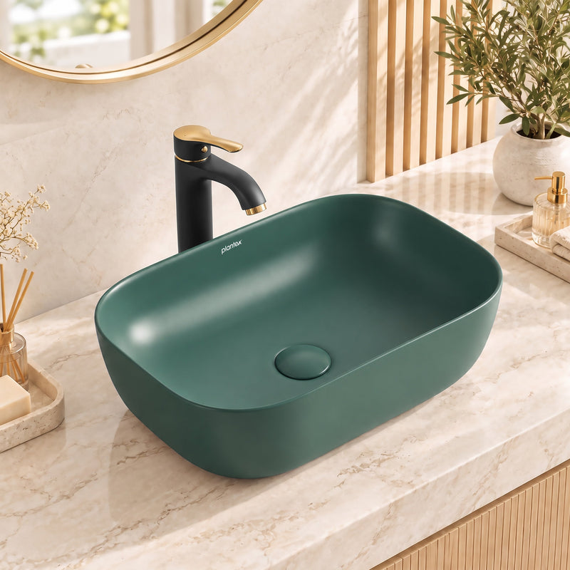 Plantex Rectangular Ceramic Basin for Bathroom/Washbasin/Designer Tabletop Wash Basin (Olive Green) (18 x 13 x 5 Inch)-1