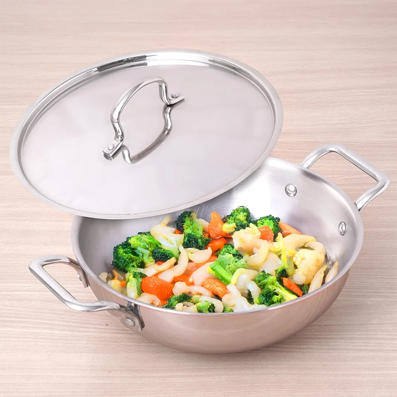 TurboCuk Tri-ply Stainless Steel Kadai+ Steel Lid, Premium Quality, 3 Layer Thick Body, 100% Toxin-free, Non-stick, Induction & Gas, 18 cm