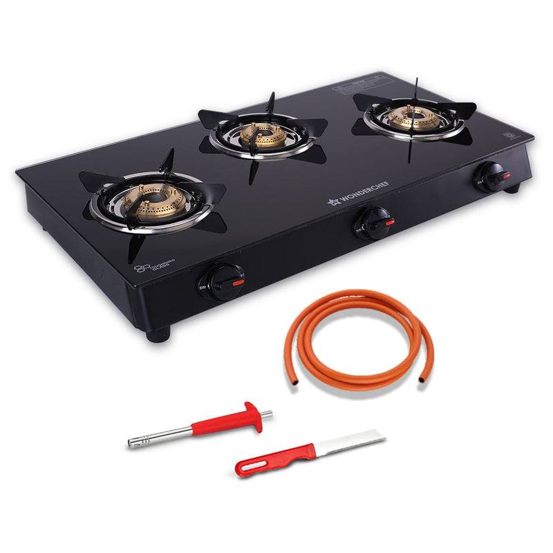 Wonderchef Zest Neo Gas Stove | 3 Burners (2 Medium, 1 Small) | Premium Glass Surface | Space Saving Design | Brass Burn