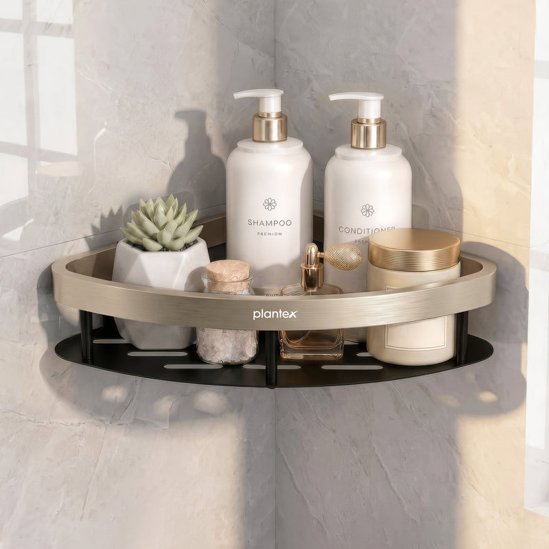 Plantex Self Adhesive Corner Shelf for Bathroom Wall/Aluminium & Stainless Steel Corner Shelf/Storage Organizer/Bathroom Accessories Set- Pack of 1 (8 x 8 inch, Satin & Black)-1
