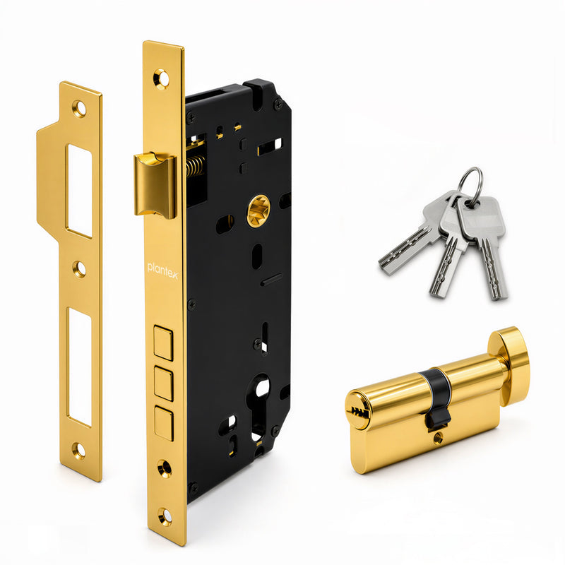 Plantex Mortise Door Lock Set with Brass Cylinder & Keys/Heavy-Duty Main Door Lock Body - Pack of 1 (PVD Gold)-1