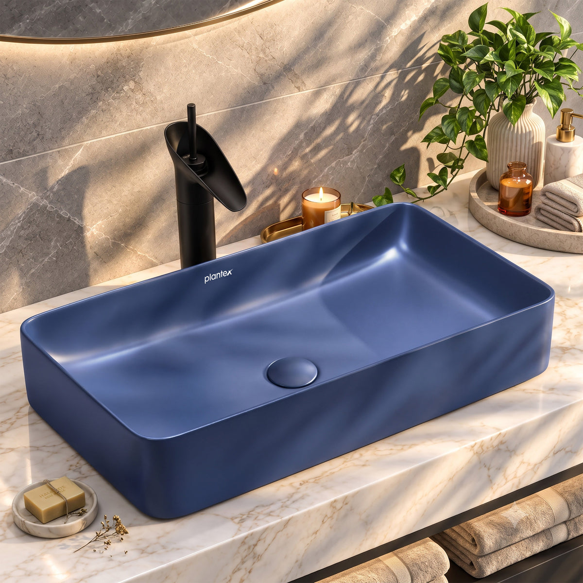 Plantex Basin for Bathroom/Ceramic Table Top Wash Basin/Over Counter Washbasin for Restaurant/Hotel (Matt Blue - 24 x 14 x 4.5 Inch)-1