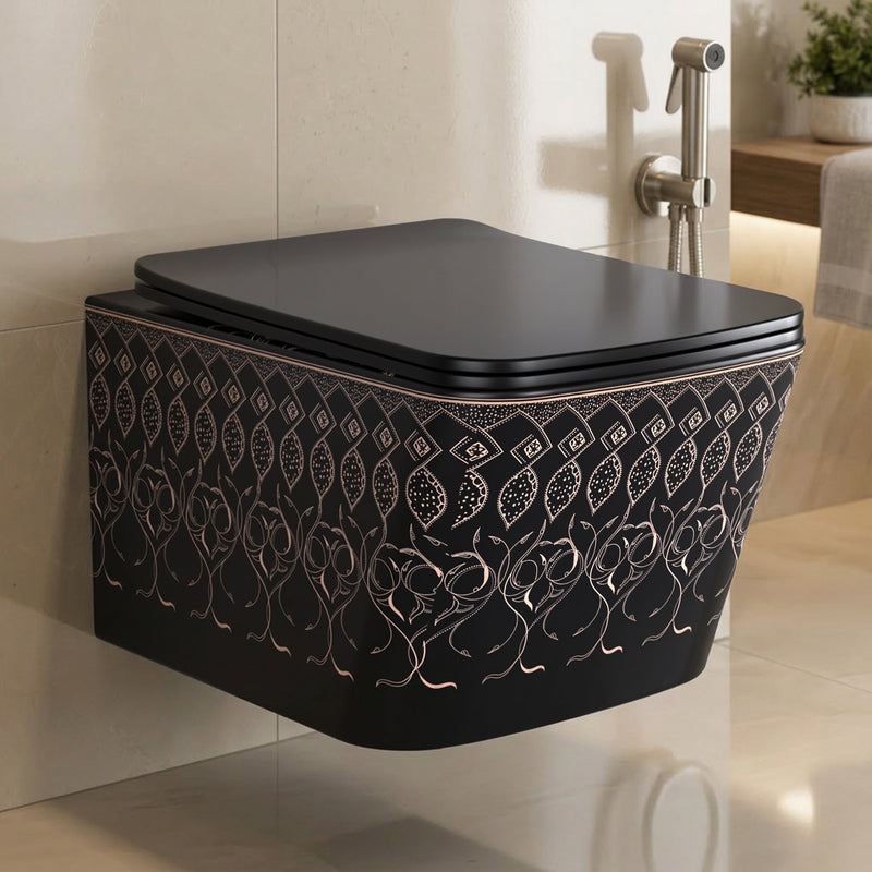Plantex Ceramic Wall Hung Commode/Rimless Washdown Western Commode/P Trap Western Toilet with Soft Close Seat Cover - (Matt Black)-1