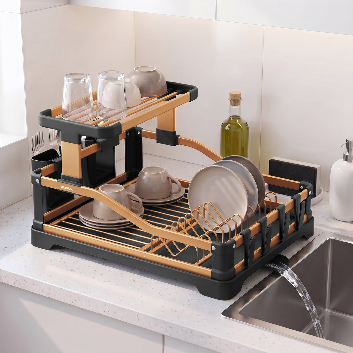 Plantex Fold Flat Dish Drying Rack/Aluminium 2-Tier Dish Rack with Drainboard/Vessel Drainer Basket/Plate Holder Stand/Kitchen Rack - Pack of 1 (Gold & Black)-1