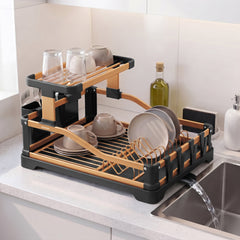 Plantex Fold Flat Dish Drying Rack/Aluminium 2-Tier Dish Rack with Drainboard/Vessel Drainer Basket/Plate Holder Stand/Kitchen Rack - Pack of 1 (Gold & Black)-1