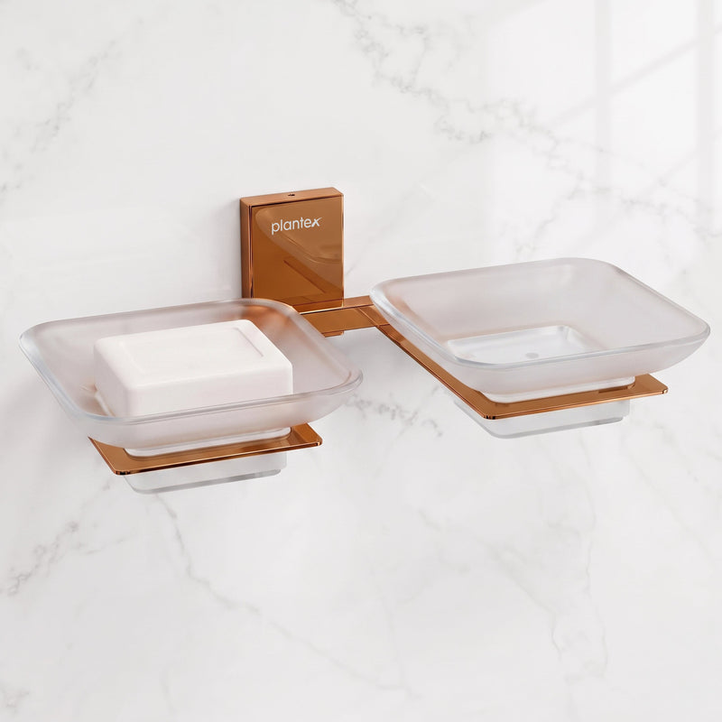 Plantex 304 Grade Stainless Steel Frosted Glass Double Soap Holder/Soap Stand/Dual Soap Dish for Bathroom/Bathroom Accessories - Pack of 1 (Crystal, PVD Rose Gold)-1