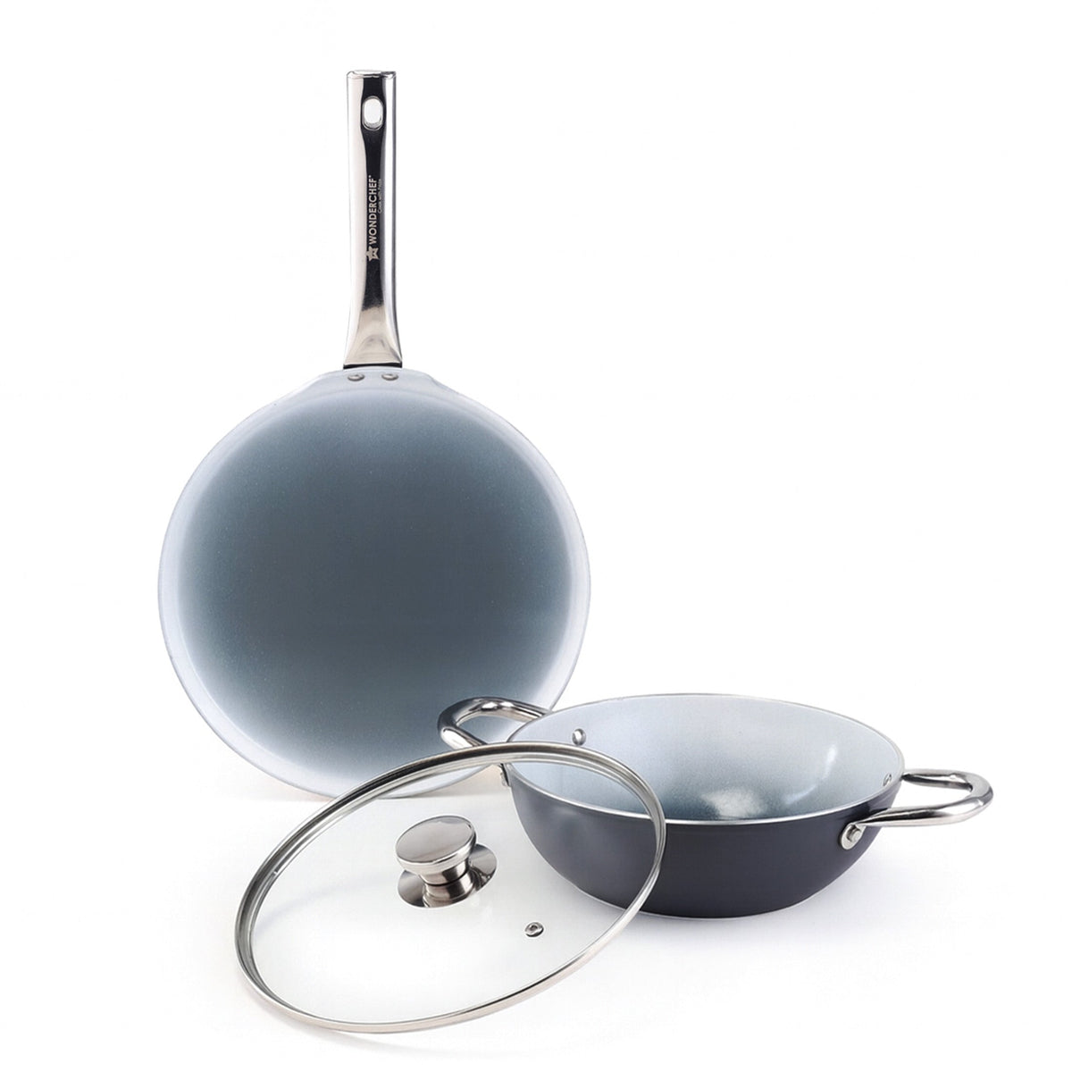 Wonderchef Eco-Glide Ceramic Cookware Set, Kadhai & Glass Lid-24cm, Dosa Tawa-28cm, Non-toxic, Chemical & PFOA Free, Gas