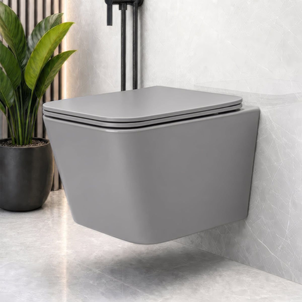 Plantex Imported Italica Ceramic Wall Hung Commode Toilet/Rimless Western Toilet/Washdown Commode with Soft Closing Toilet Seat - P Trap (Square - Matt Light Grey)