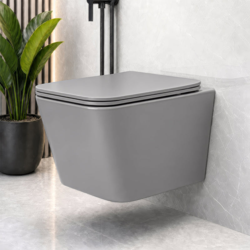 Plantex Imported Italica Ceramic Wall Hung Commode Toilet/Rimless Western Toilet/Washdown Commode with Soft Closing Toilet Seat - P Trap (Square - Matt Light Grey)-1