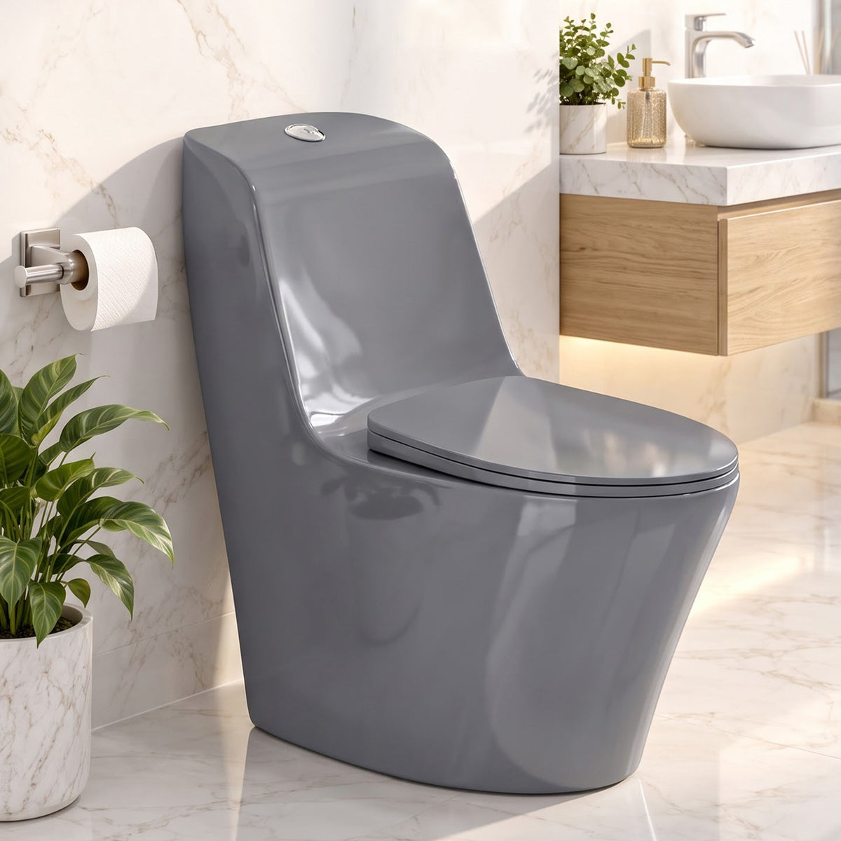 Plantex Imported Ceramic Commode/Rim Siphonic Vaccum Jet Flush Western Commode/One Piece Western Toilet with Soft Close Toilet Seat - S Trap (Glossy Grey)