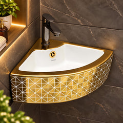 Plantex Ceramic Corner Basin/Wall Mount Washbasin for Bathroom/Small Corner Vessel Sink/Tabletop Wash Basin (Golden Cornia, 18 x 13 x 5 Inch)-1