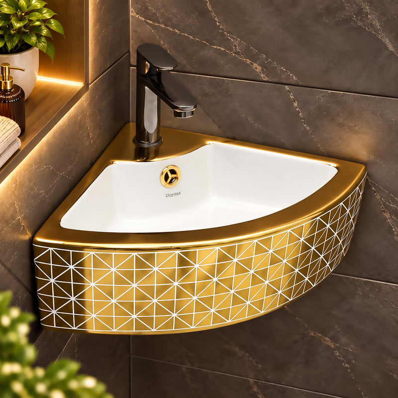 Plantex Ceramic Corner Basin/Wall Mount Washbasin for Bathroom/Small Corner Vessel Sink/Tabletop Wash Basin (Golden Cornia, 18 x 13 x 5 Inch)-1