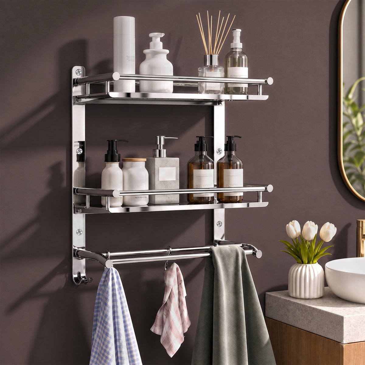 Plantex Bathroom Organiser with Drill/3 Tier Bathroom Accessories Set Stainless Steel/Bathroom Self Rack with Towel Hanger and Hooks/Wall Mount Rack Multipurpose(3-Tier Chrome)