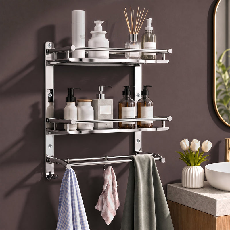 Plantex Bathroom Organiser with Drill/3 Tier Bathroom Accessories Set Stainless Steel/Bathroom Self Rack with Towel Hanger and Hooks/Wall Mount Rack Multipurpose(3-Tier Chrome)-1