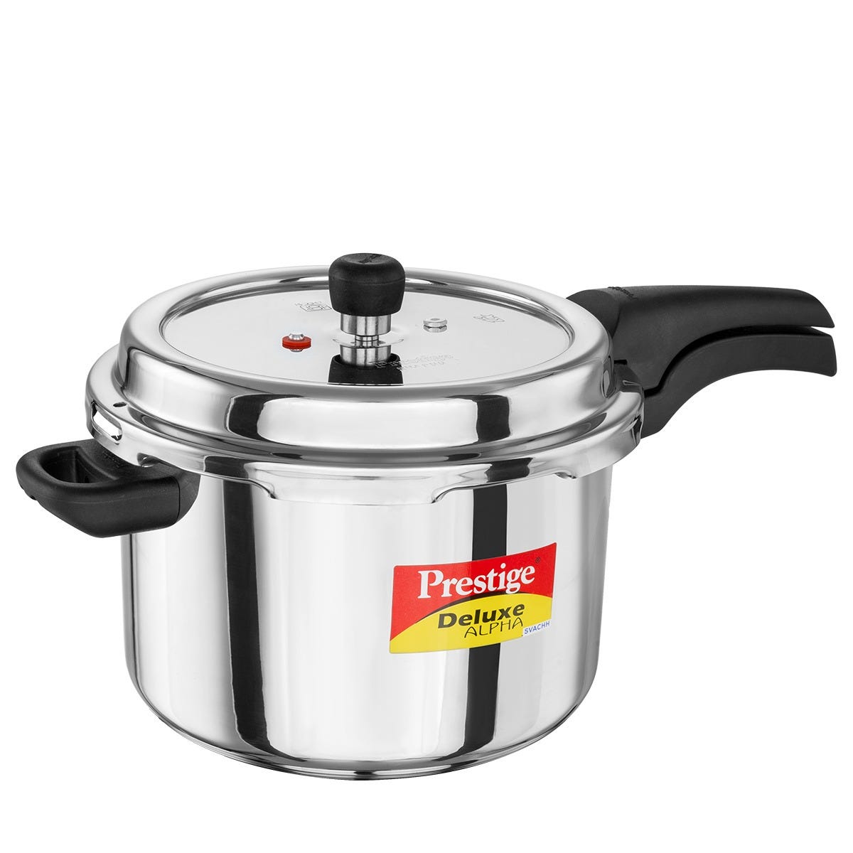 Prestige 6.5 Litre Stainless Steel Deluxe Alpha Svachh Outer Lid Pressure Cooker, Triply Base, Gas & Induction Compatible, ISI + Prestige Omega Deluxe Granite Non-stick Omni Tawa, 28 cm, Black