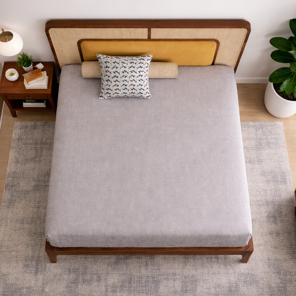 Mid-Century Wooden Bed with Cane & Upholstered Headboard