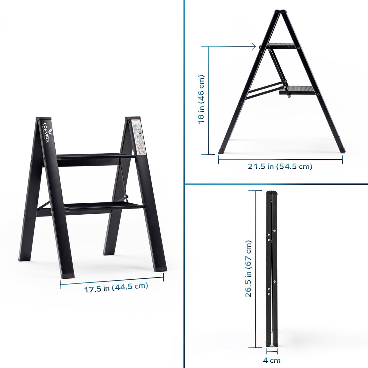 Corvids 2-Steps Premium Folding Step Stool with 2 Year Warranty (Black)