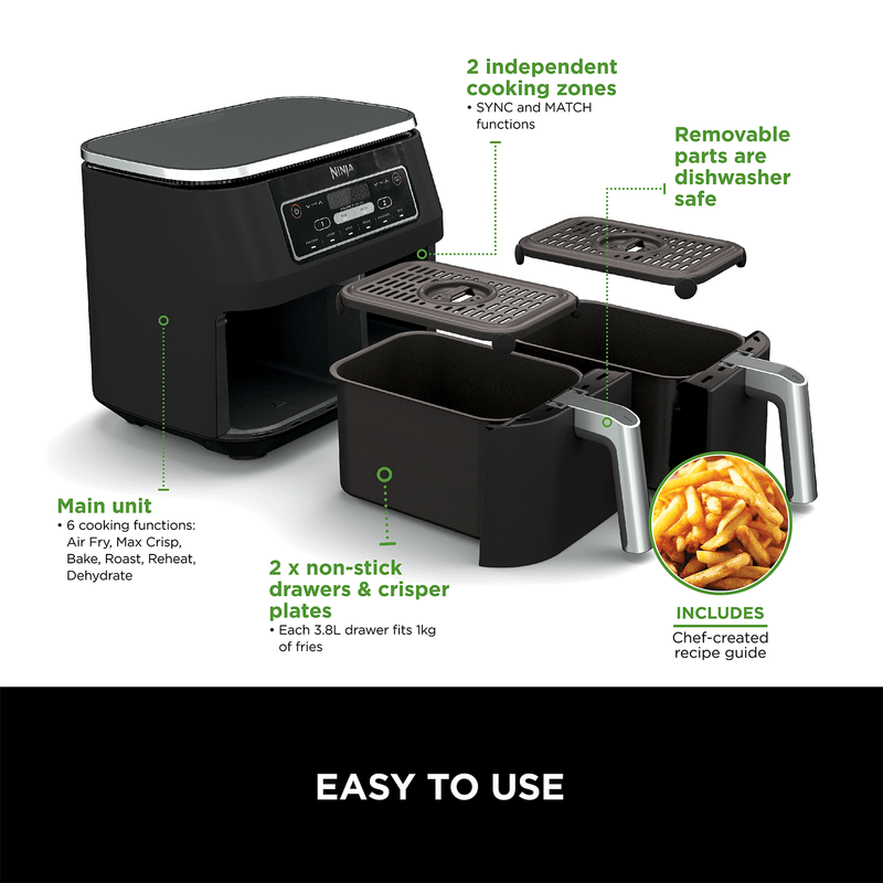 Ninja Foodi DualZone Air Fryer | 7.6L, 2 Drawers (AF300IN) | Cooking Surface Free from PTFE, PFOA & PFAS