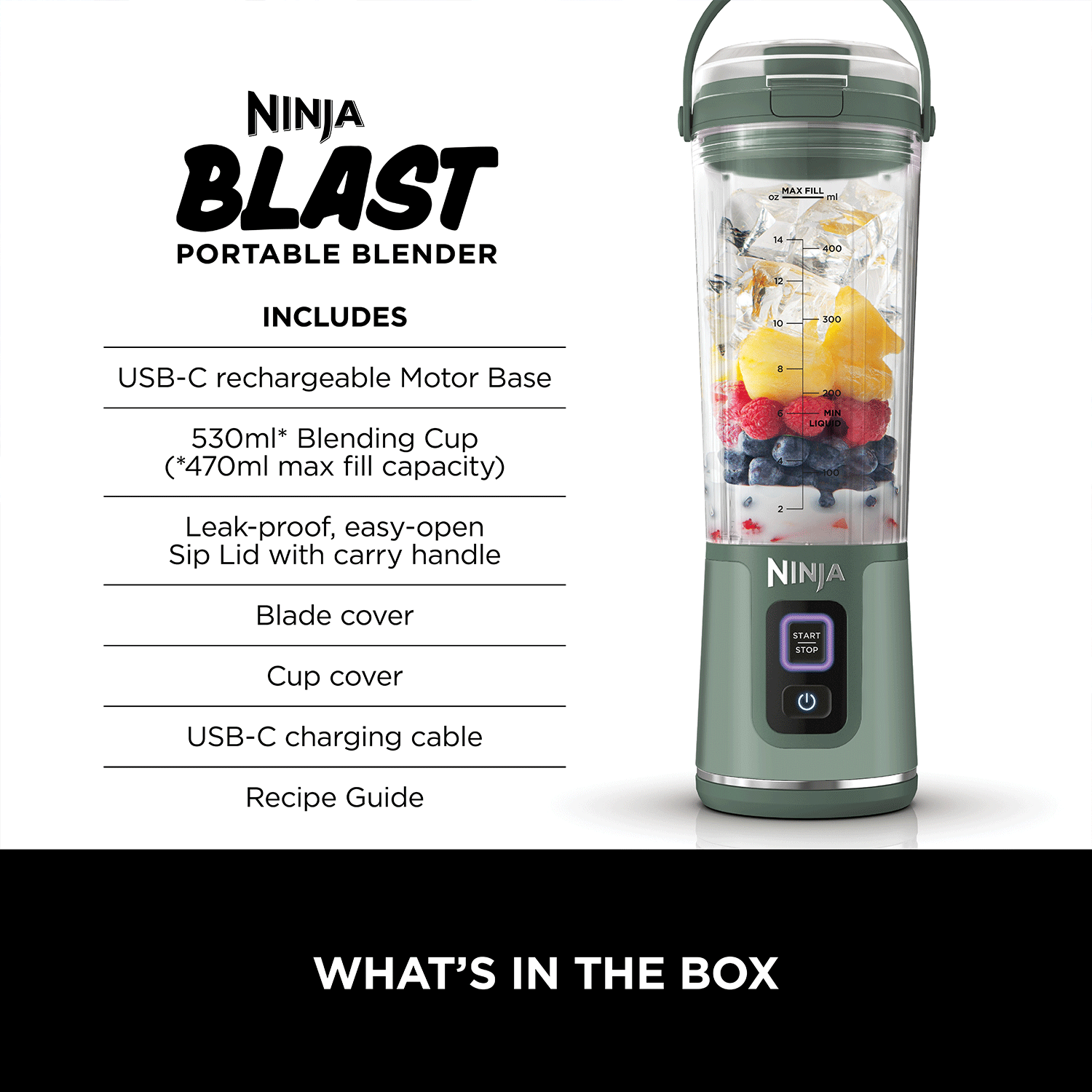 Ninja Blast Portable Cordless Blender (BC151IN) | 530ml, USB-C Rechargeable | Leak-Proof Lid