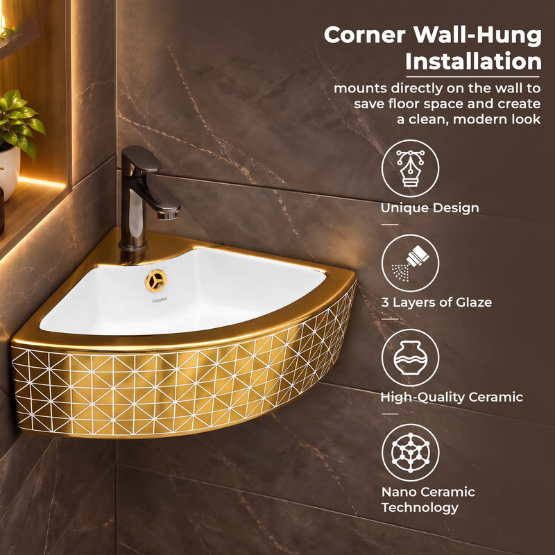 Plantex Ceramic Corner Basin/Wall Mount Washbasin for Bathroom/Small Corner Vessel Sink/Tabletop Wash Basin (Golden Cornia, 18 x 13 x 5 Inch)-6