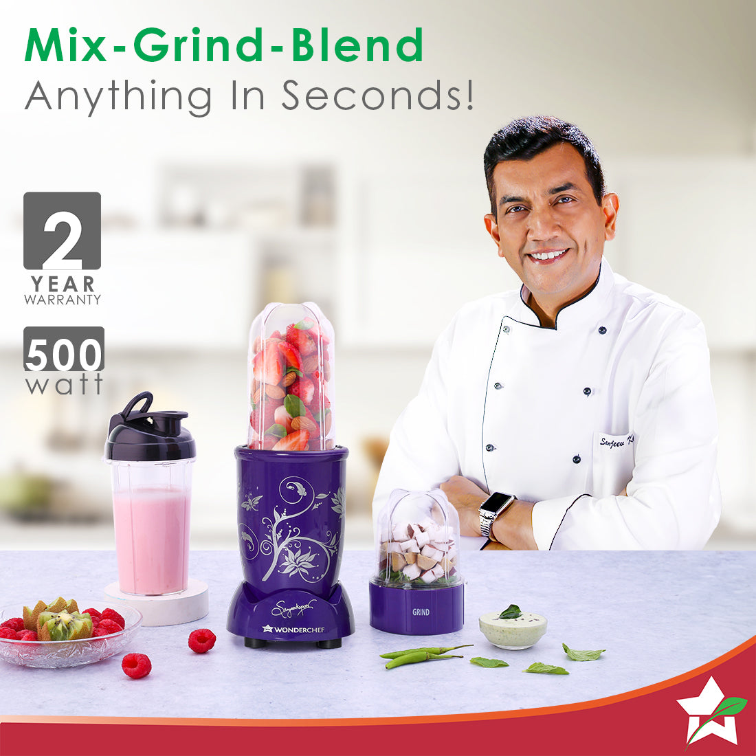 Nutri-blend 500W Mixer Grinder, 22000 RPM Motor, Smoothie Maker, Masala Grinder, Chutney Blender, 3 Unbreakable Jars & Sipper Jar, Recipe Book by Chef Sanjeev Kapoor, 2 Yr Warranty, Purple