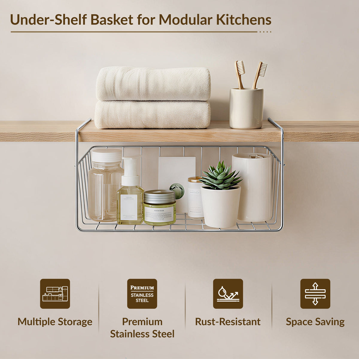 Plantex Under Shelf Organizer Rack for Kitchen Cabinet/12 Inch Multifunction Hanging Shelf Basket for Storage & Organization/Stainless Steel Under Cabinet Storage Rack - (Pack of 1, Chrome)-6
