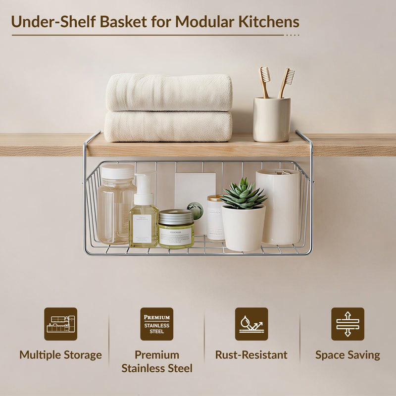 Plantex Under Shelf Organizer Rack for Kitchen Cabinet/12 Inch Multifunction Hanging Shelf Basket for Storage & Organization/Stainless Steel Under Cabinet Storage Rack - (Pack of 1, Chrome)-6