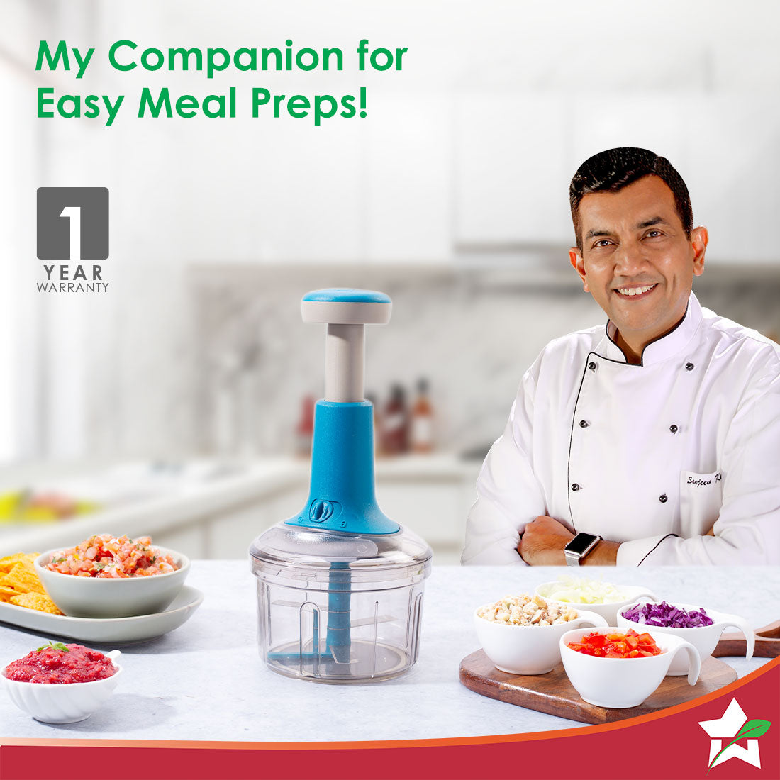 Wonderchef Glory Push Chopper | 800 ml | 3 Stainless Steel Blades | Anti-Slip Silicone | Air Tight Lid | Silicone Suppor