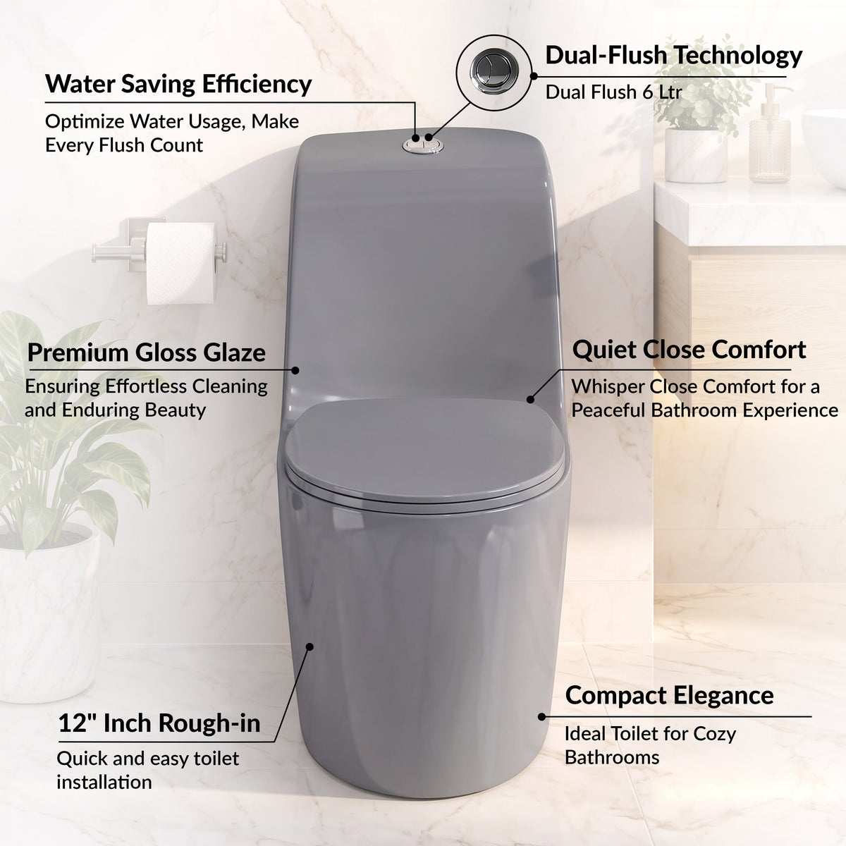 Plantex Imported Ceramic Commode/Rim Siphonic Vaccum Jet Flush Western Commode/One Piece Western Toilet with Soft Close Toilet Seat - S Trap (Glossy Grey)-3