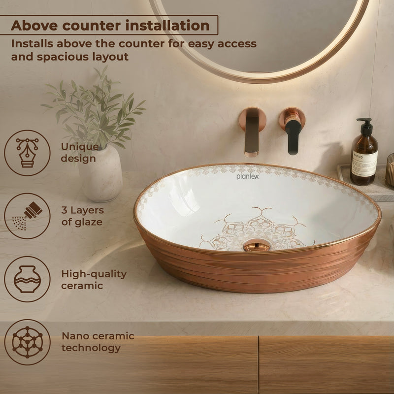 Plantex Designer Ceramic Basin/Table Top Wash Basin for Bathroom/Countertop Vessel Sink Basin for Home/Office/Restaurant (White & Rose Gold, 22 x 14 x 7 Inch)-4