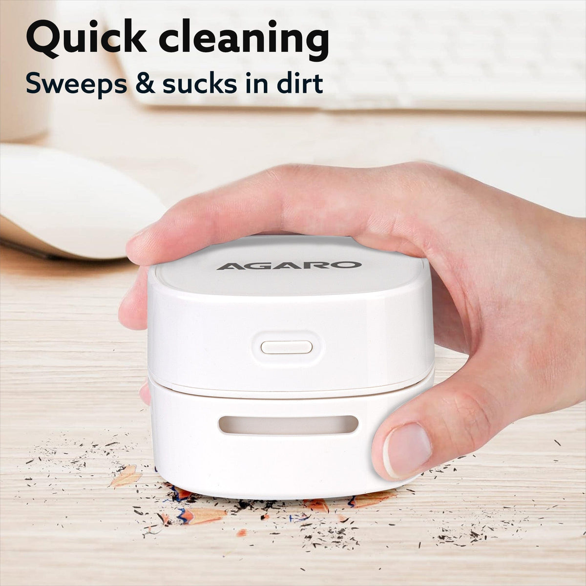 AGARO Crown Mini Desk Vacuum Cleaner, Battery Operated, Use Upto 2.5 Hours, Mini Cordless Sweeper for Cleaning Desktop, Pantry, Paper Shavings, Crumbs, Keyboard Dust, Nails & Pet Hair, White-3