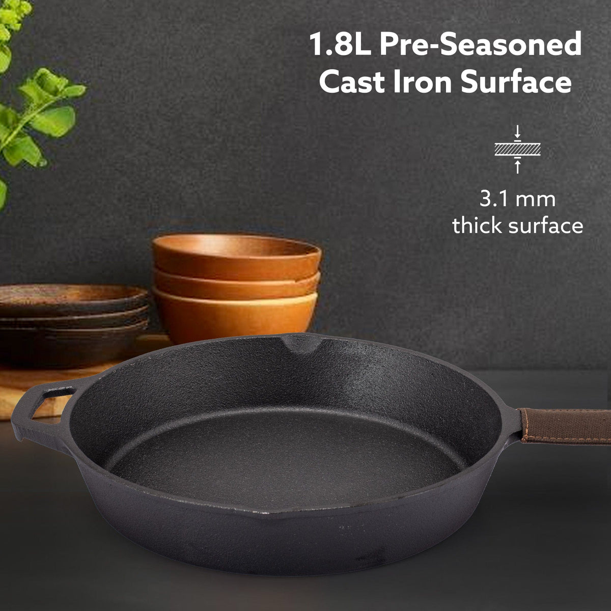 AGARO Royal Pre Seasoned Cast Iron Deep Round Fry Pan, 26cm Diameter, 1.8L, No Chemical Coating, Rigid Handles, Fast Hea