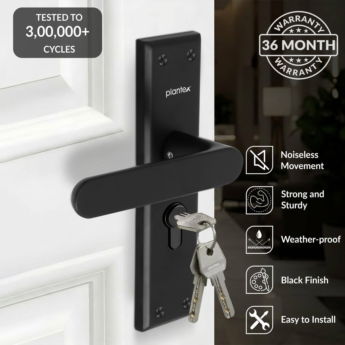 Plantex Door Lock Set - Main Door Lock Plate Handle Set/Mortise Lock with 3 Keys/Lock Body and Cylinder - Pack of 1 (OHMH-81, Z-Black)-3