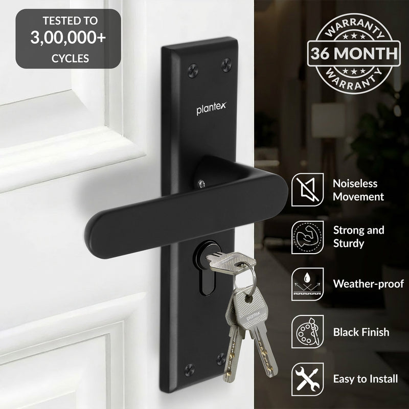 Plantex Door Lock Set - Main Door Lock Plate Handle Set/Mortise Lock with 3 Keys/Lock Body and Cylinder - Pack of 1 (OHMH-81, Z-Black)-3