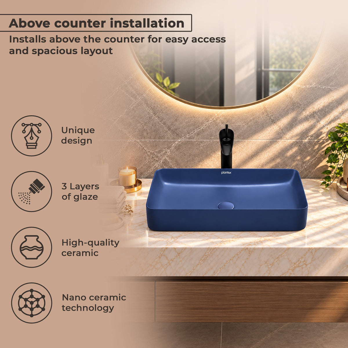Plantex Basin for Bathroom/Ceramic Table Top Wash Basin/Over Counter Washbasin for Restaurant/Hotel (Matt Blue - 24 x 14 x 4.5 Inch)-5