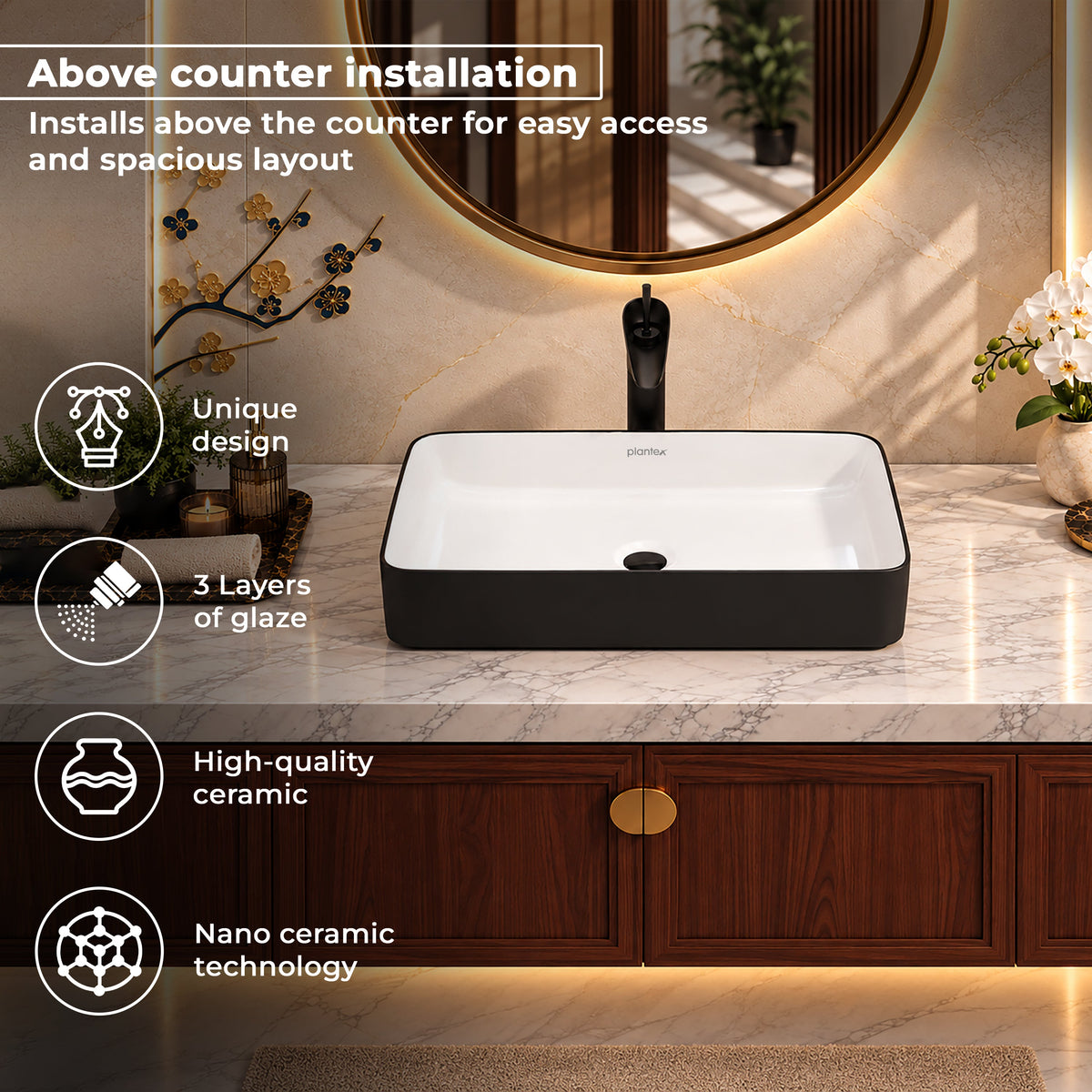 Plantex Ceramic Wash Basin for Bathroom/Tabletop Washbasin/Counter Top Black Washbasin/Vessel Sink (White & Black-25x14x5 Inch)-5