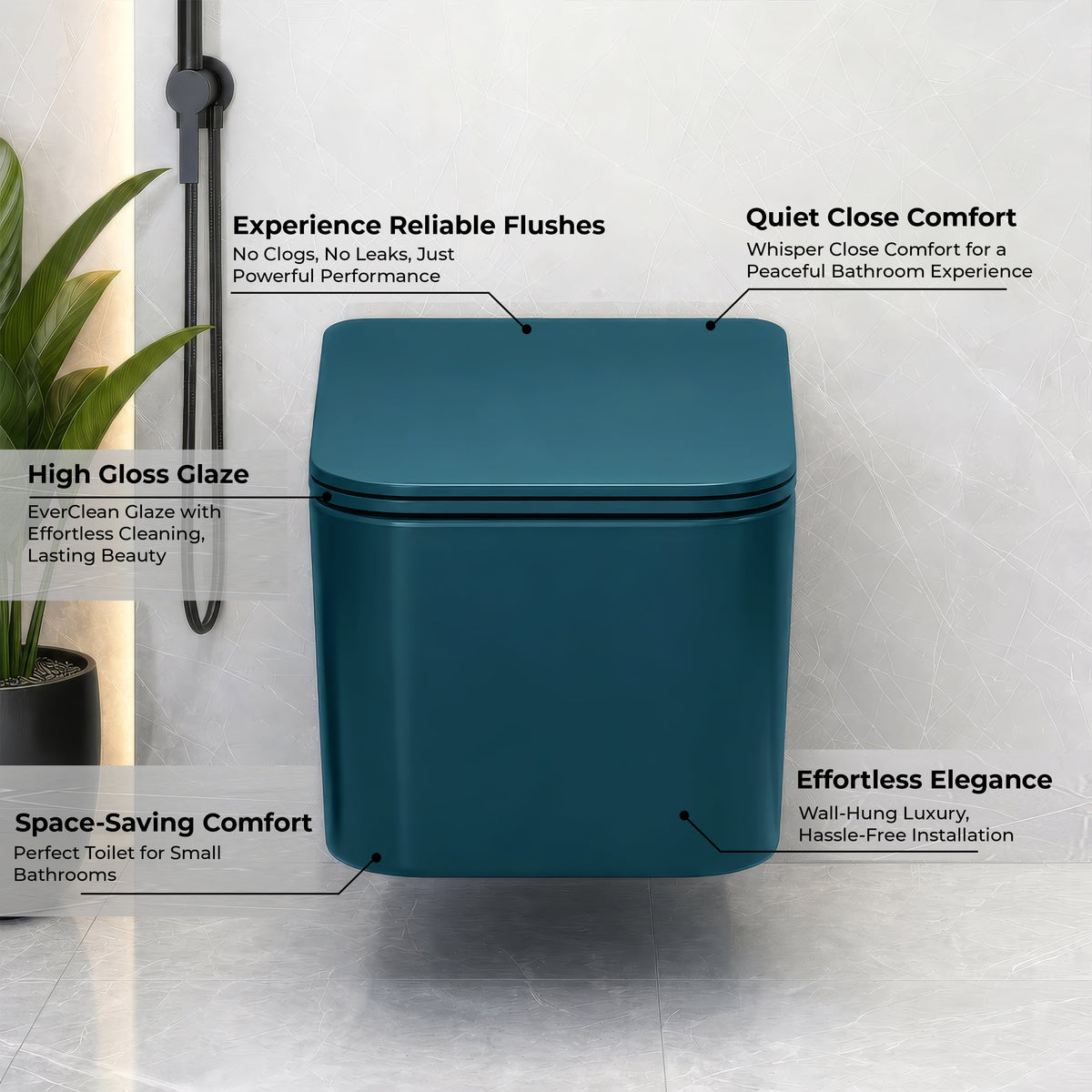 Plantex Imported Ceramic Wall Hung Commode for Toilet/Rimless Washdown Flushing/Western Commode with Soft Closing Toilet Seat - P Trap - (Pine Blue)-4