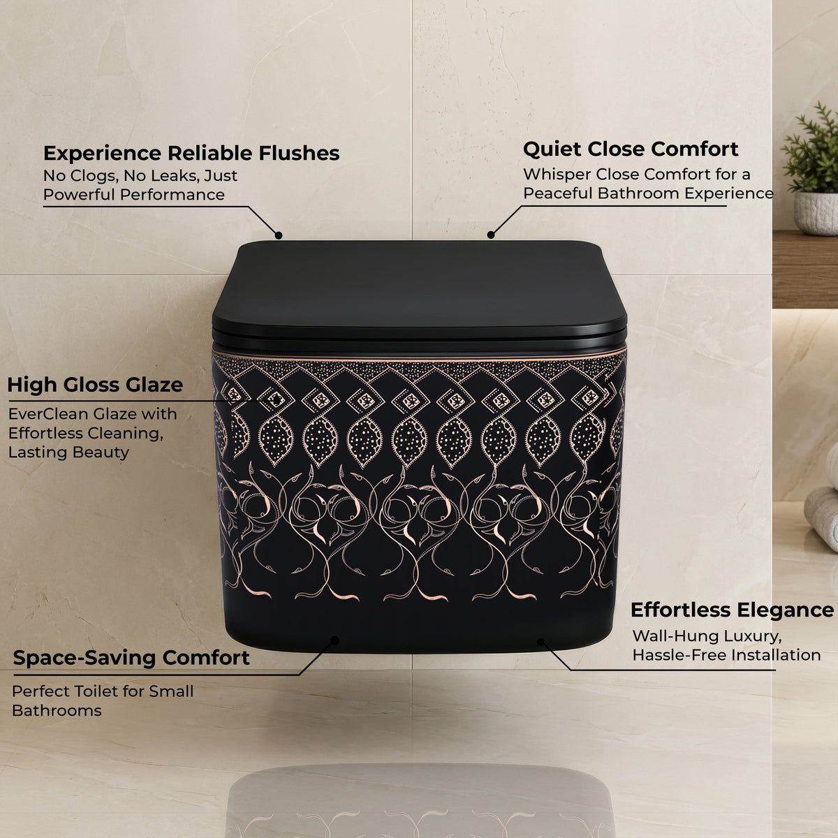 Plantex Ceramic Wall Hung Commode/Rimless Washdown Western Commode/P Trap Western Toilet with Soft Close Seat Cover - (Matt Black)-3