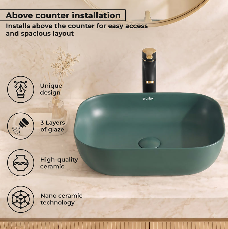 Plantex Rectangular Ceramic Basin for Bathroom/Washbasin/Designer Tabletop Wash Basin (Olive Green) (18 x 13 x 5 Inch)-5